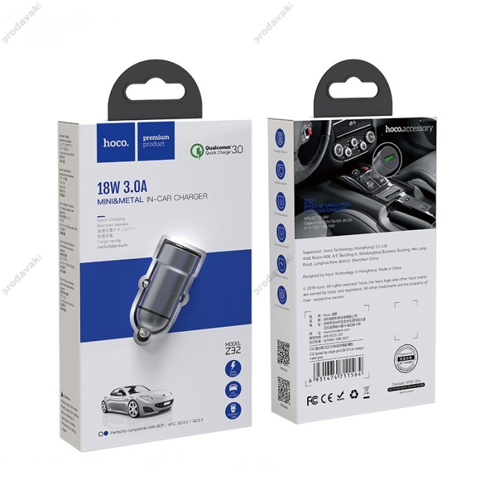 Автомобільний зарядний пристрій Hoco Z32 QC 3.0A 18W Grey