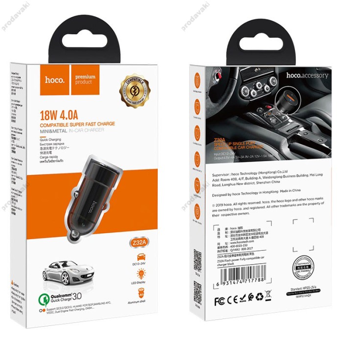 Автомобільний зарядний пристрій HOCO Z32A Flash Power Fully Compatible 4A 18W Black