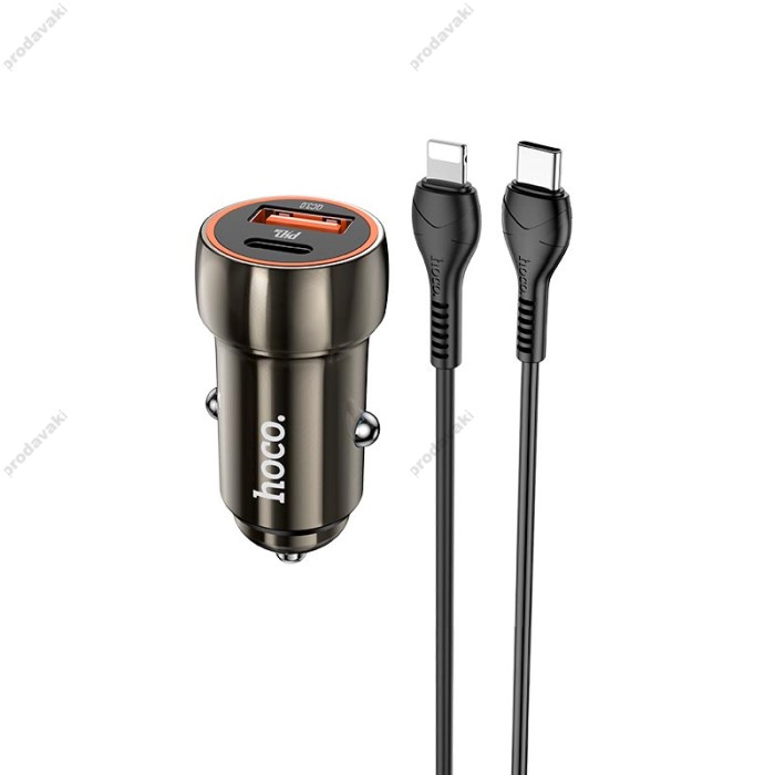 Автомобільний зарядний пристрій Hoco Z46A Blue whale Lightning Cable 3A 30W Grey