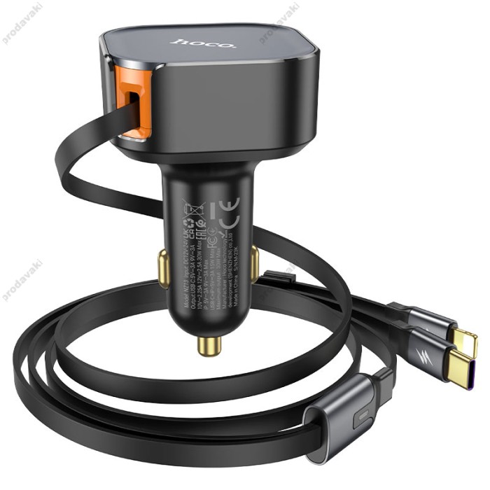 Автомобільний зарядний пристрій Hoco NZ13 Clever Car charger with telescopic cable 30W Black