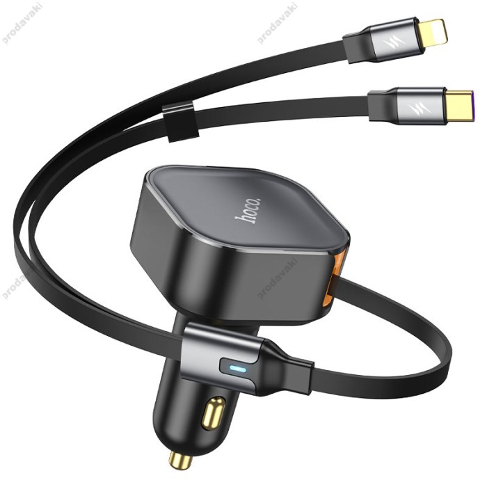 Автомобільний зарядний пристрій Hoco NZ13 Clever Car charger with telescopic cable 30W Black