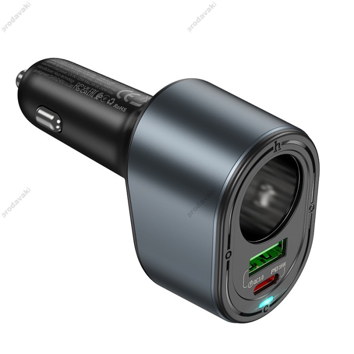 Автомобільний зарядний пристрій розгалужувач HOCO Z56 Friend cigarette lighter car charger 35W Metal grey