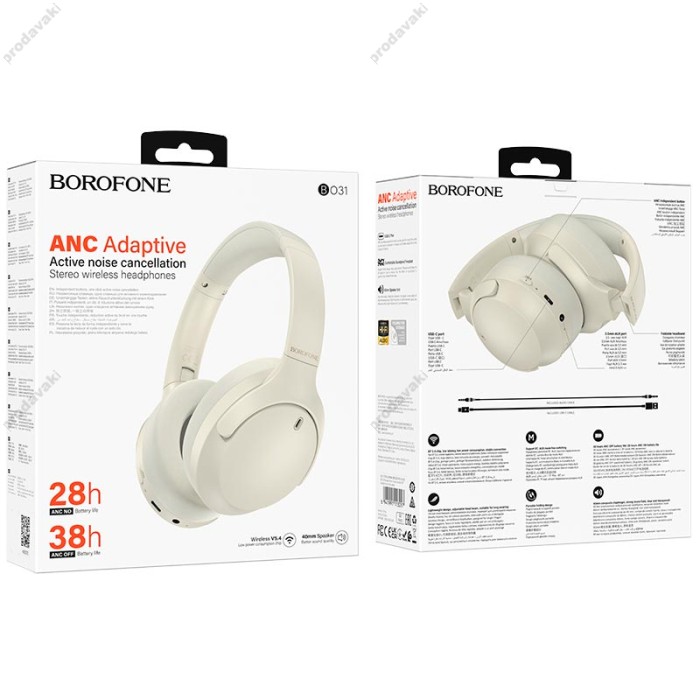 Бездротові Bluetooth навушники BOROFONE BO31 Prestige active noise reduction BT 5.4 Milky white