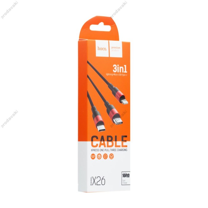 Кабель USB Hoco X26 Xpress Charging 3in1 чорно-червоний