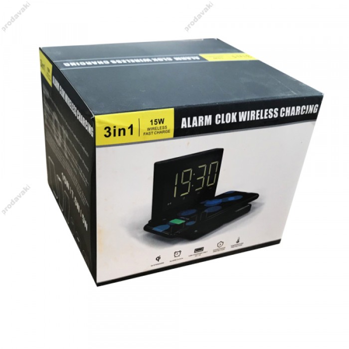 Зарядний пристрій WIRELESS FAST CHARGE 15W/ Годинник/ Будильник + 2 USB Black