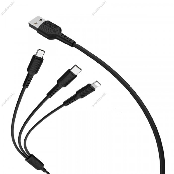Кабель BOROFONE BX16 3-in-1 Easy charging cable для Lightning+Micro+Type-C 2A/1m black