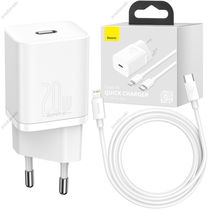 Мережевий зарядний пристрій Baseus Super Si Quick Charger Cable Type-C to iP 1m 20W White TZCCSUP-B02