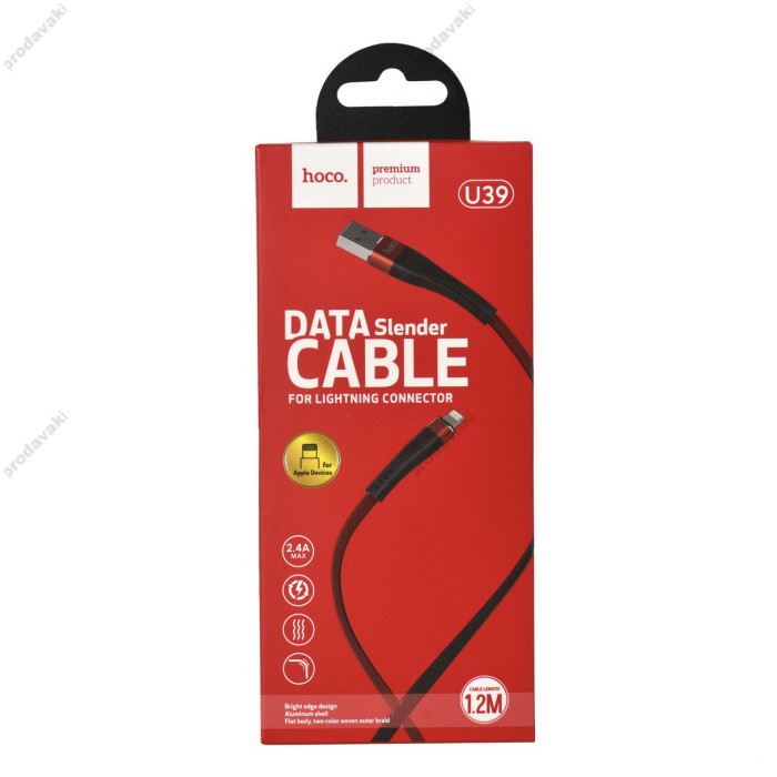 Кабель USB Hoco U39 Slender Lightning 2.4A 1.2m чорний/червоний