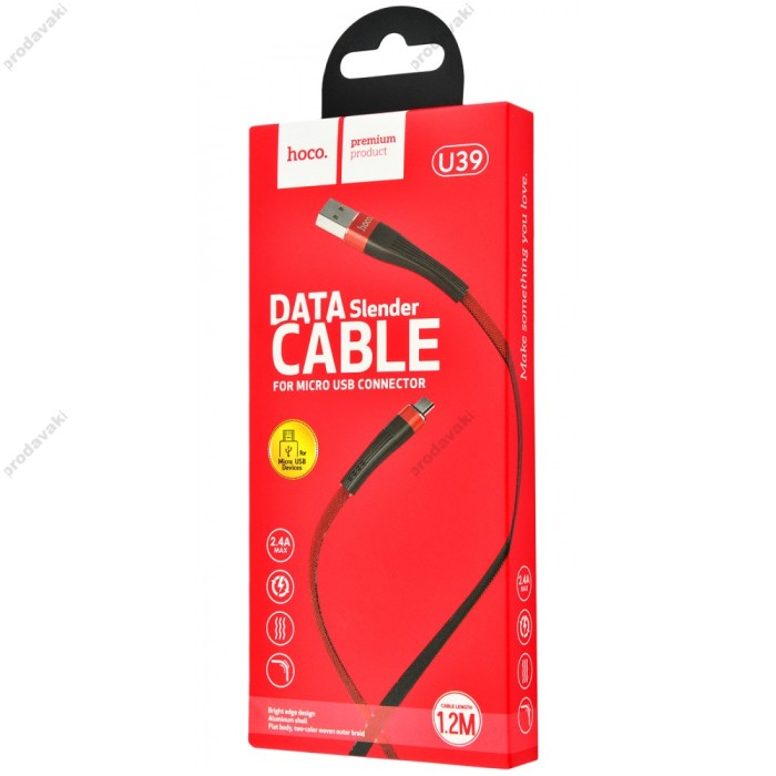 Кабель USB Hoco U39 Slender microUSB 2.4A 1.2m чорний/червоний