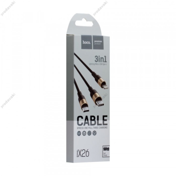 Кабель HOCO X26 Xpress Charging Combo 3-in-1(LM-Tc) 2A/1m. Black&amp;Gold