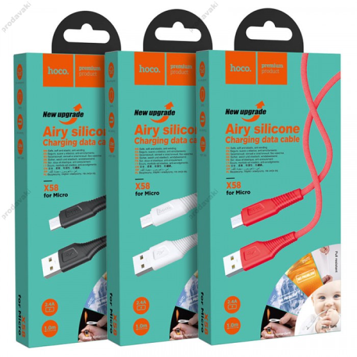 Кабель HOCO X58 Air silicone charging data для Micro 2,4A/1m. Black