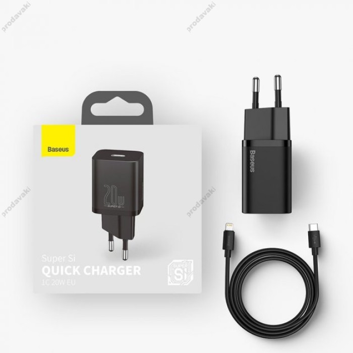 Мережевий зарядний пристрій Baseus Super Si Quick Charger Cable Type-C to iP 1m 20W Black TZCCSUP-B01