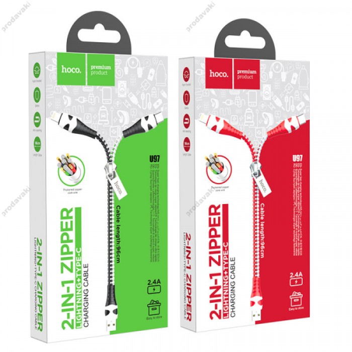 Кабель HOCO U97 2-in-1 Zipper charging cable для Lightning+Type-C 2,4A/0,96m. Red+white