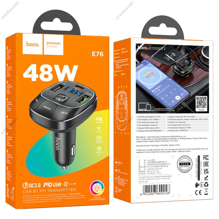 FM-трансмітер HOCO E76 Pole with Bluetooth PD45W QC3.0 Black