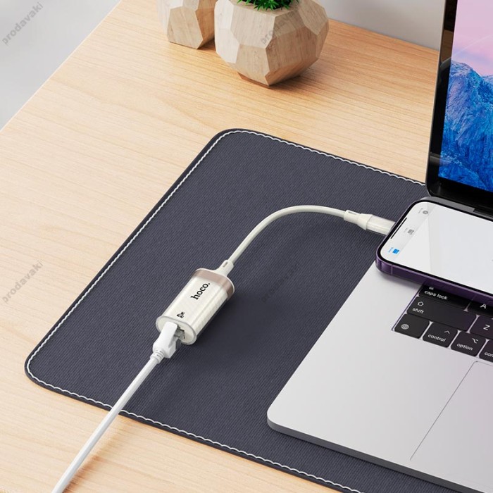 Мережевий адаптер HOCO UA41A Crystal ethernet адаптер Lightning to RJ45 100 Mbps 0.145m White-gold