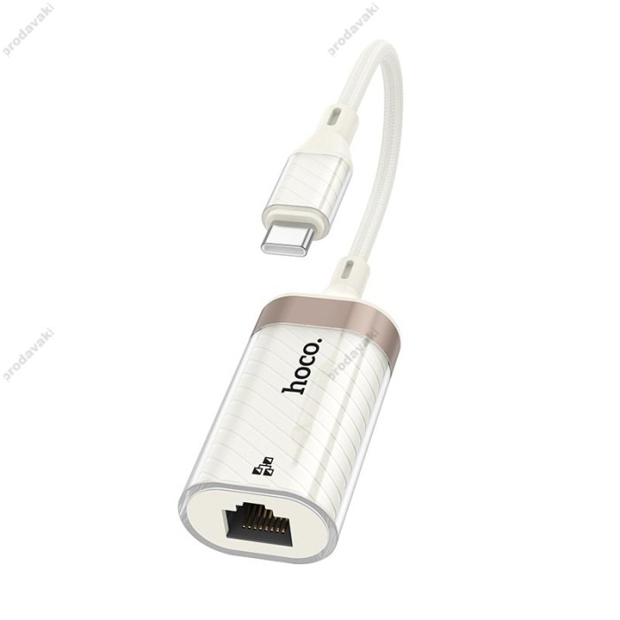 Мережевий адаптер HOCO UA41B Crystal Ethernet адаптер Type-C to RJ45 100 Mbps 0.145m White-gold