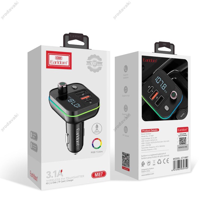 FM - трансмітер Earldom ET-M87 Car Charger 3.1A 2U 1C Black