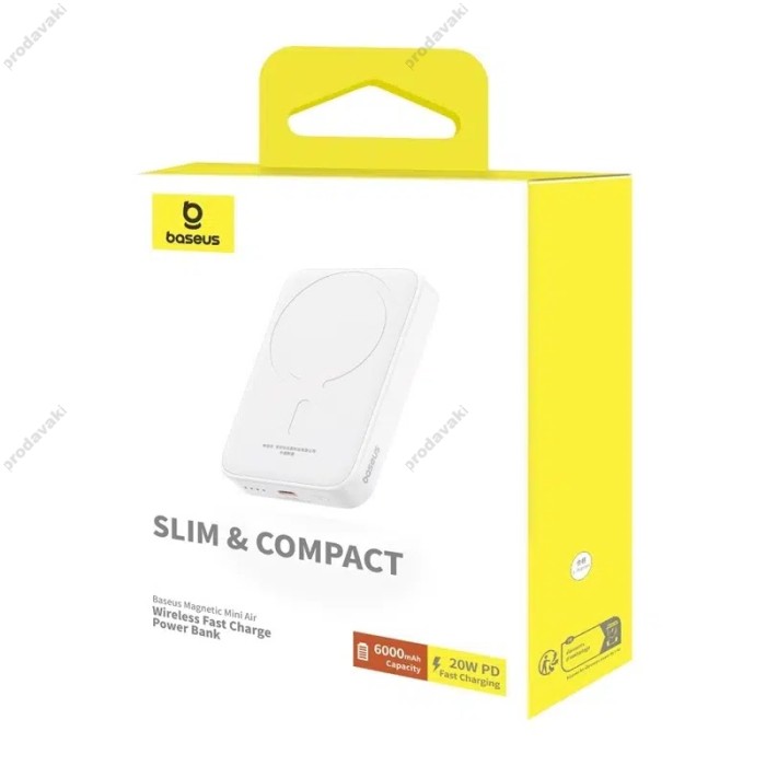 Повербанк портативний акумулятор Power bank Baseus Magnetic Mini Air MagSafe магнітний 20W 6000mAh White