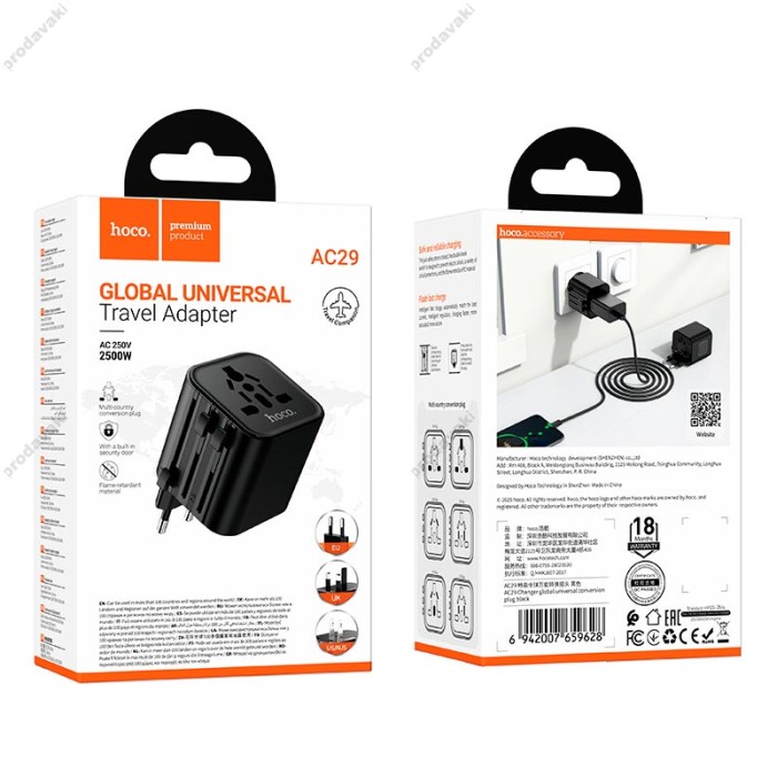 Мережевий адаптер перехідник для розеток HOCO AC29 Changer Universal conversion plug 1000W Black