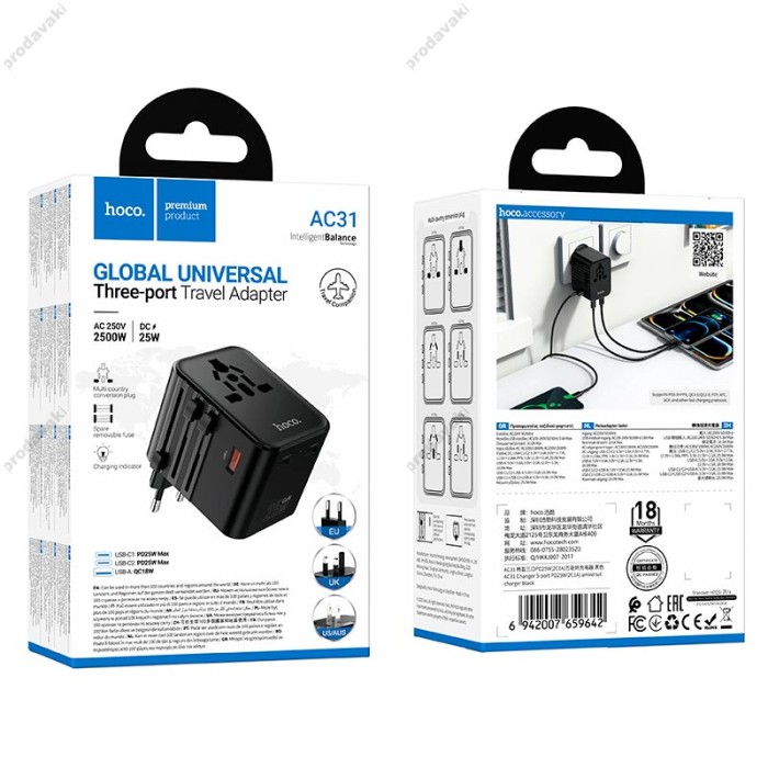 Мережевий адаптер перехідник для розеток HOCO AC31 Changer 3-port PD universal charger 1000W Black