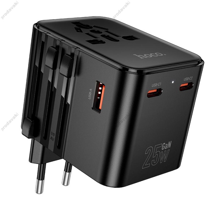 Мережевий адаптер перехідник для розеток HOCO AC31 Changer 3-port PD universal charger 1000W Black