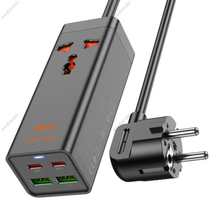 Мережевий подовжувач фільтр HOCO AC10A Barry PD65W GaN (2C2A with 1 socket) desktop charger (EU) Black