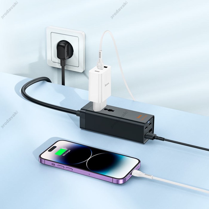 Мережевий подовжувач фільтр HOCO AC10A Barry PD65W GaN (2C2A with 1 socket) desktop charger (EU) Black