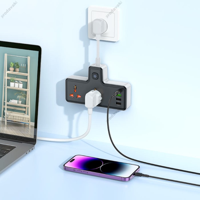 Мережевий подовжувач фільтр HOCO AC12A Reise 2-position expansion socket (PD30W/1C3A) (EU) Black