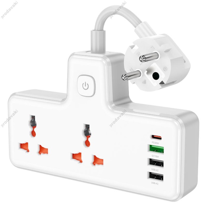 Мережевий подовжувач фільтр HOCO AC12A Reise 2-position expansion socket (PD30W/1C3A) (EU) Black