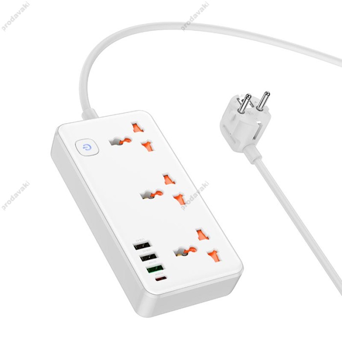 Подовжувач мережевий фільтр HOCO AC8A Storm 3-position socket 3USB/1Type-C PD/QC 3A/30W white