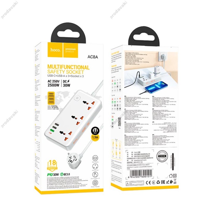 Подовжувач мережевий фільтр HOCO AC8A Storm 3-position socket 3USB/1Type-C PD/QC 3A/30W white