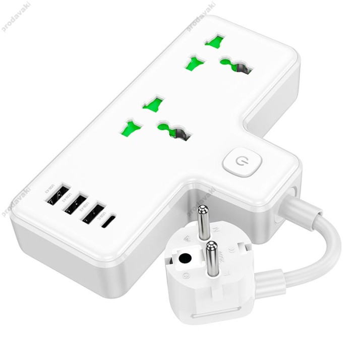 Подовжувач мережевий фільтр HOCO AC11A Voyage 2-position expansion socket 3USB/Type-C 10A white