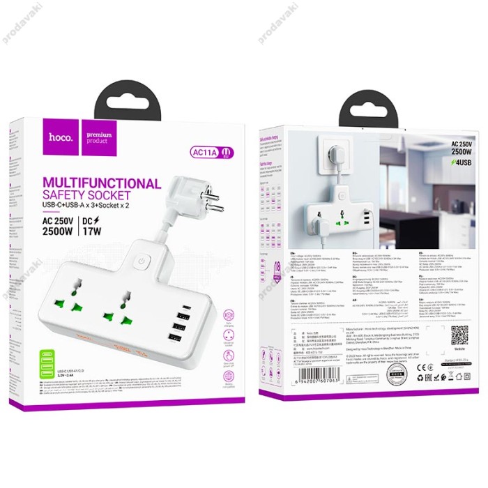 Подовжувач мережевий фільтр HOCO AC11A Voyage 2-position expansion socket 3USB/Type-C 10A white