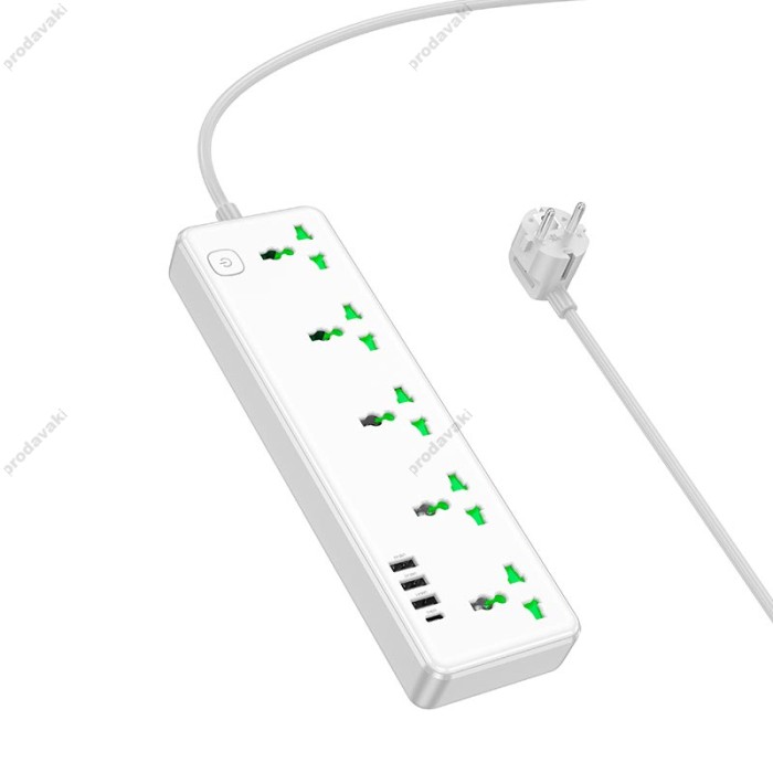 Подовжувач мережевий фільтр Hoco AC13A Talento 5-position socket 3USB/Type-C 10A White