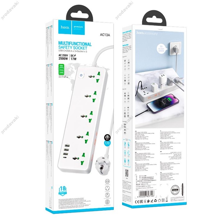 Подовжувач мережевий фільтр Hoco AC13A Talento 5-position socket 3USB/Type-C 10A White