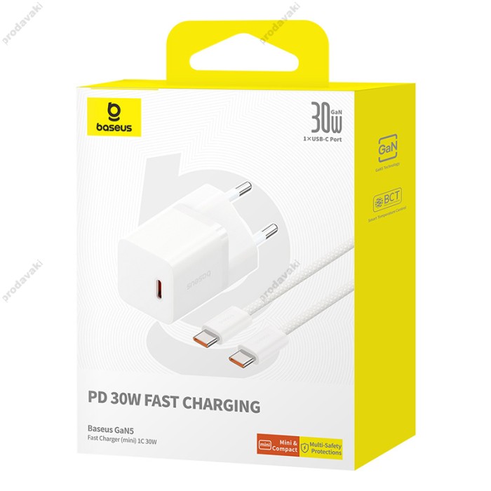 Мережевий зарядний пристрій Baseus GaN5 Fast Charger (mini) Cable Type-C to Type-C 30W White P10110902213-00