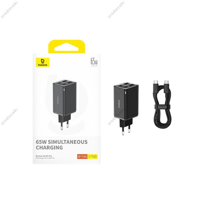 Мережевий зарядний пристрій Baseus GaN6 Pro Fast Charger 2C+2U Type-C cable 65W Black P10162701113-00