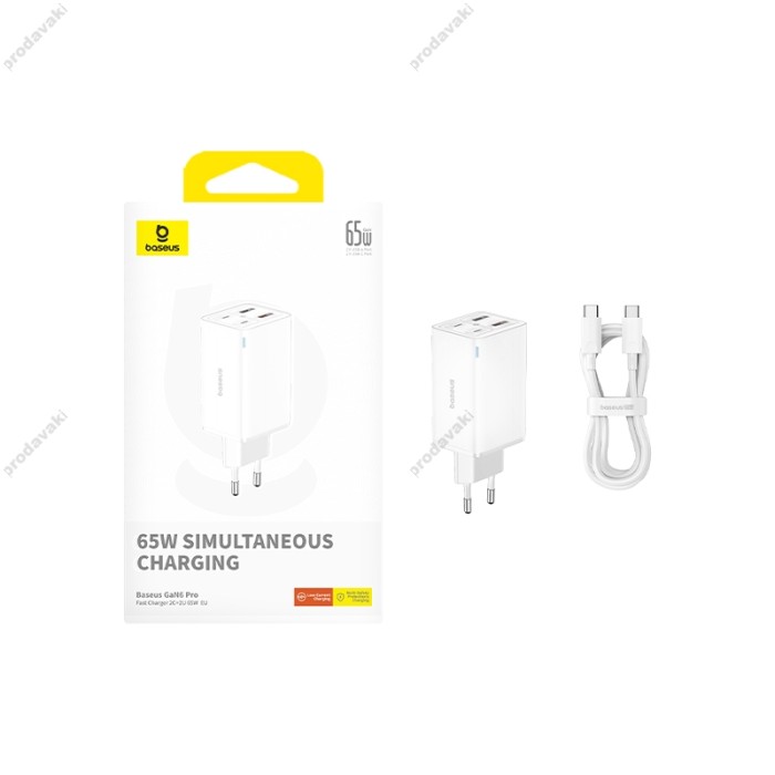 Мережевий зарядний пристрій Baseus GaN6 Pro Fast Charger 2C+2U Type-C cable 65W White P10162701213-00