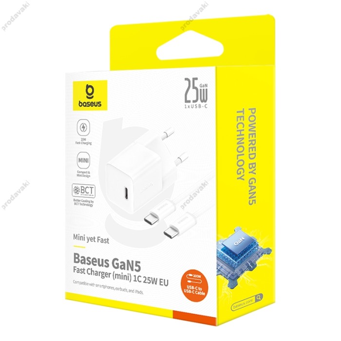 Мережевий зарядний пристрій Baseus GaN5 Fast Charger (mini) Cable Type-C to Type-C 25W White P10110909213-01