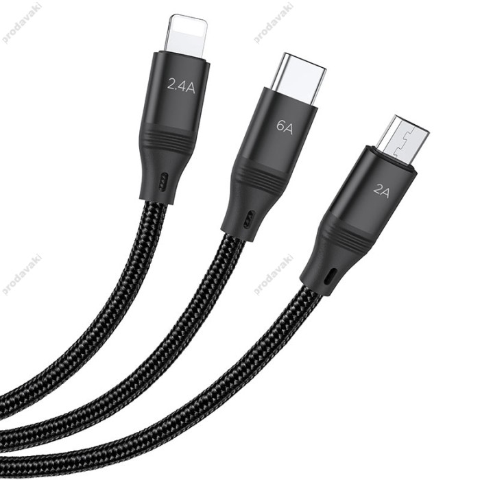 Кабель HOCO U104 3-in-1 Ultra fast charging cable (iP+Type-C+Micro) 6A / 1,2m Black