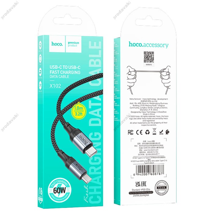 Кабель HOCO X102 Fresh charging data cable Type-C to Type-C 60W 1m Black