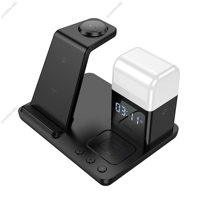 Бездротовий зарядний пристрій Hoco CQ9 Crown 3-in-1 night light wireless fast charger with clock Black