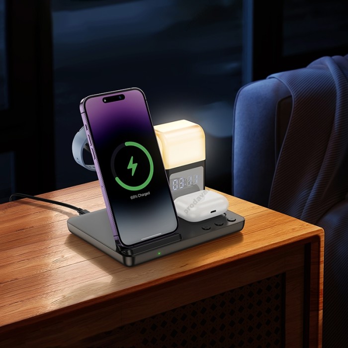 Бездротовий зарядний пристрій Hoco CQ9 Crown 3-in-1 night light wireless fast charger with clock Black