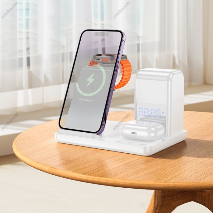 Бездротовий зарядний пристрій Hoco CQ9 Crown 3-in-1 night light wireless fast charger with clock White