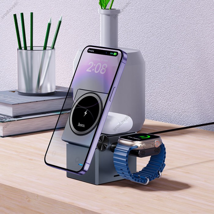 Бездротовий зарядний пристрій Hoco CQ8 folding 3-in-1 magnetic wireless fast charger Gray