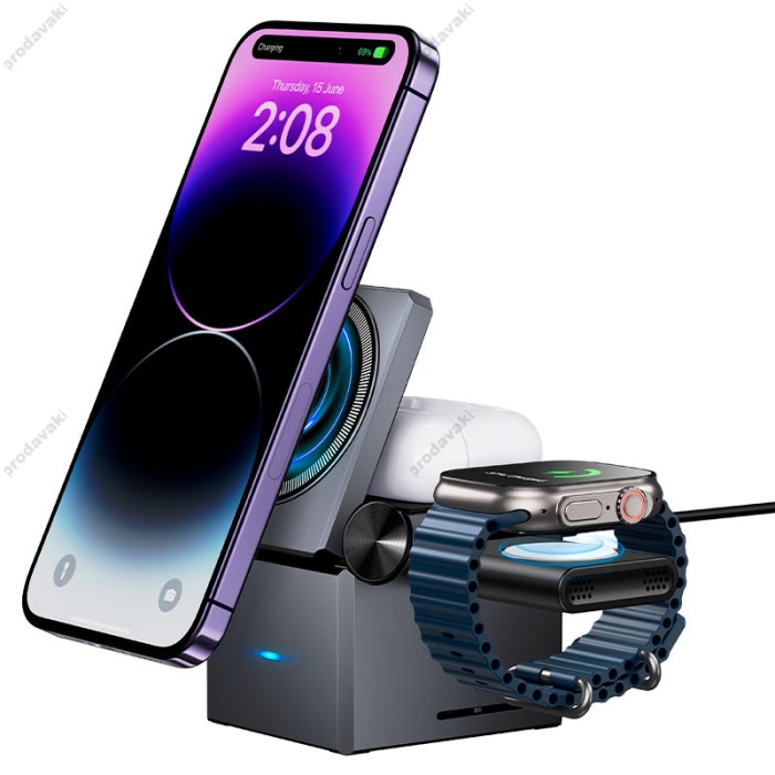 Бездротовий зарядний пристрій Hoco CQ8 folding 3-in-1 magnetic wireless fast charger Gray