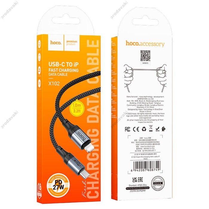 PD Кабель HOCO X102 Fresh charging data cable 27W Type-C - Lightning 1m Black