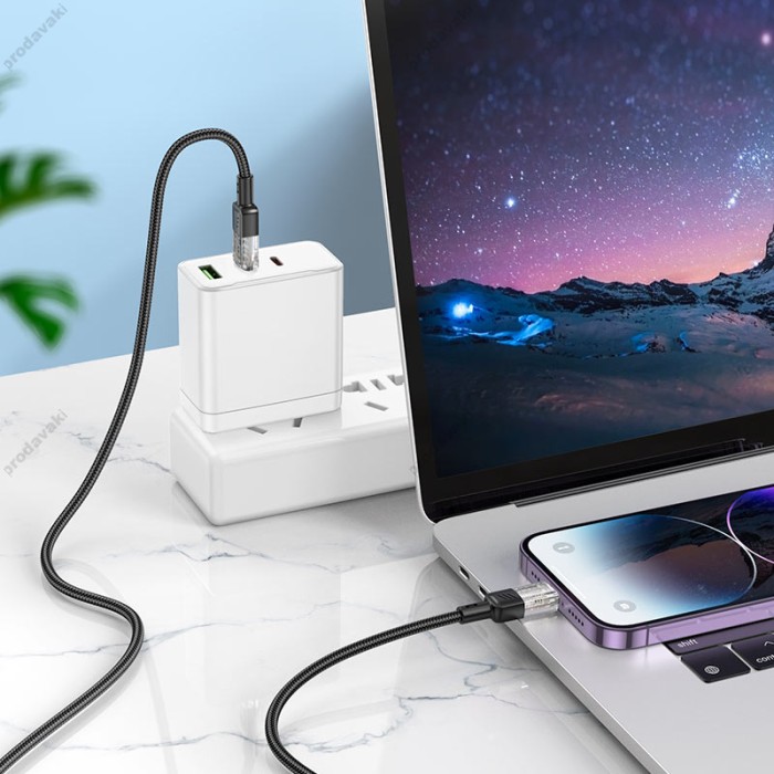 PD Кабель HOCO U129 Spirit transparent charging data cable Type-C Lightning 1,2m. Black