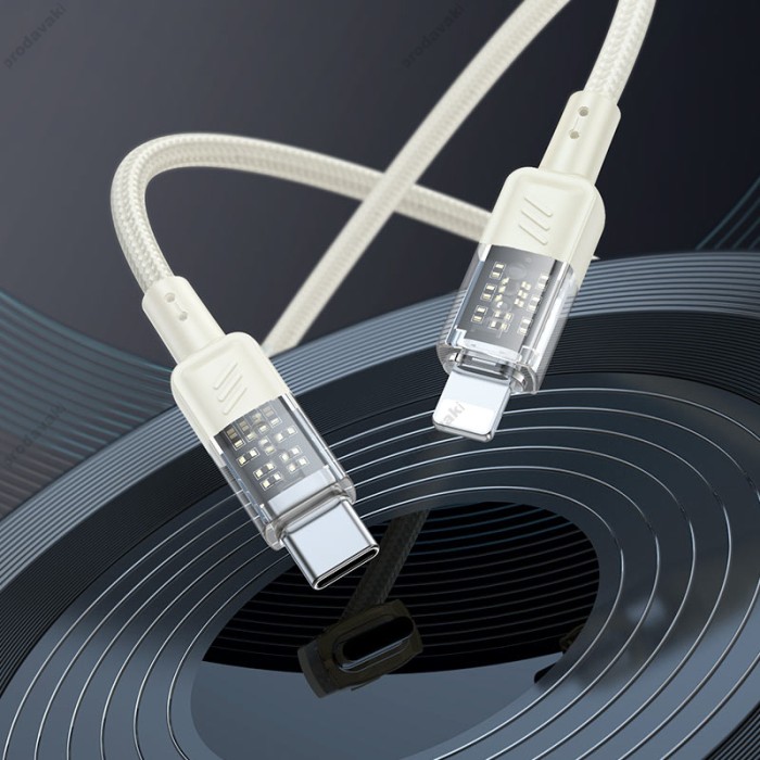 PD Кабель HOCO U129 Spirit transparent charging data cable Type-C Lightning 1,2m. Gray