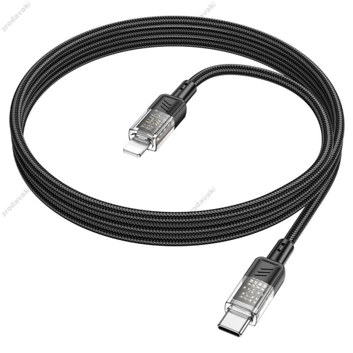 PD Кабель HOCO U129 Spirit transparent charging data cable Type-C Lightning 1,2m. Black